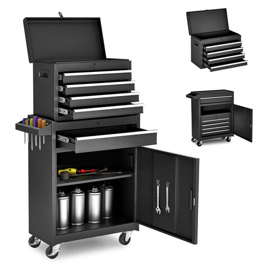 Tool Chest, 5-Drawer Rolling Tool Storage Cabinet with Detachable Top Tool Box, Liner, Universal Lockable Wheels, Adjustable Shelf, Locking Mechanism, Metal Tool Cart for Garage Workshop