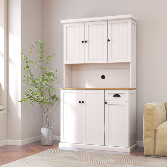 71' Kitchen Pantry Storage Cabinet with Microwave Oven Countertop, Freestanding Hutch Cabinet with Adjustable Shelves, 6 Doors and 1 Drawer-White