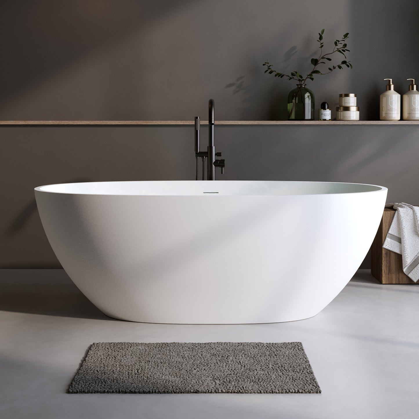 63″Solid Surface Matte Tub, Solid Surface Soaking Tub, Stone Resin Freestanding Bathtub, Thick Edge Stand Alone Tubs with Overflow, Pop-up Drain, Matte White (Oval)