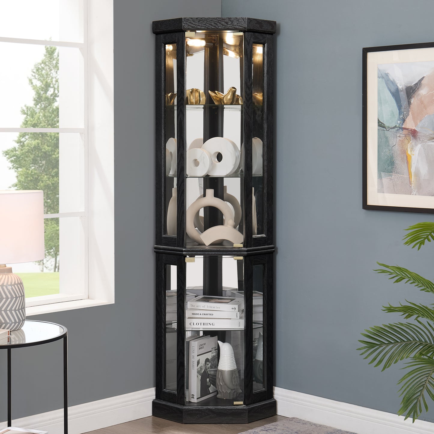 Lighted Corner Curio Cabinet - Display Case for Living Room, Antique Collectibles, Wine & Bar Glass Storage - Elegant Corner Design with Lights Included-BLACK