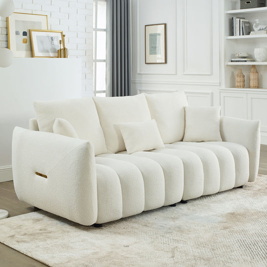 [video] MH 79.5' Premium Teddy fabric Sofa with 3 Back Pillows and 3 back Cushions Solid Wood Frame 3-Seater Sofa, Oversized Upholstered Chair for Living Room, Bedroom, Apartment and Office
