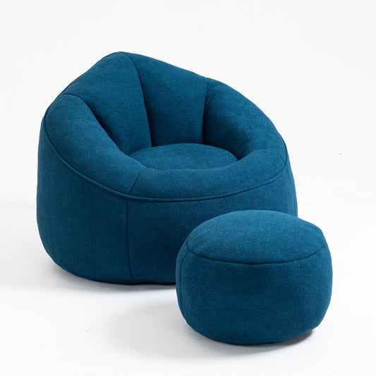 Bedding Bean Bag Sofa Chair with High-Pressure Foam and Footrest, Blue Microfiber