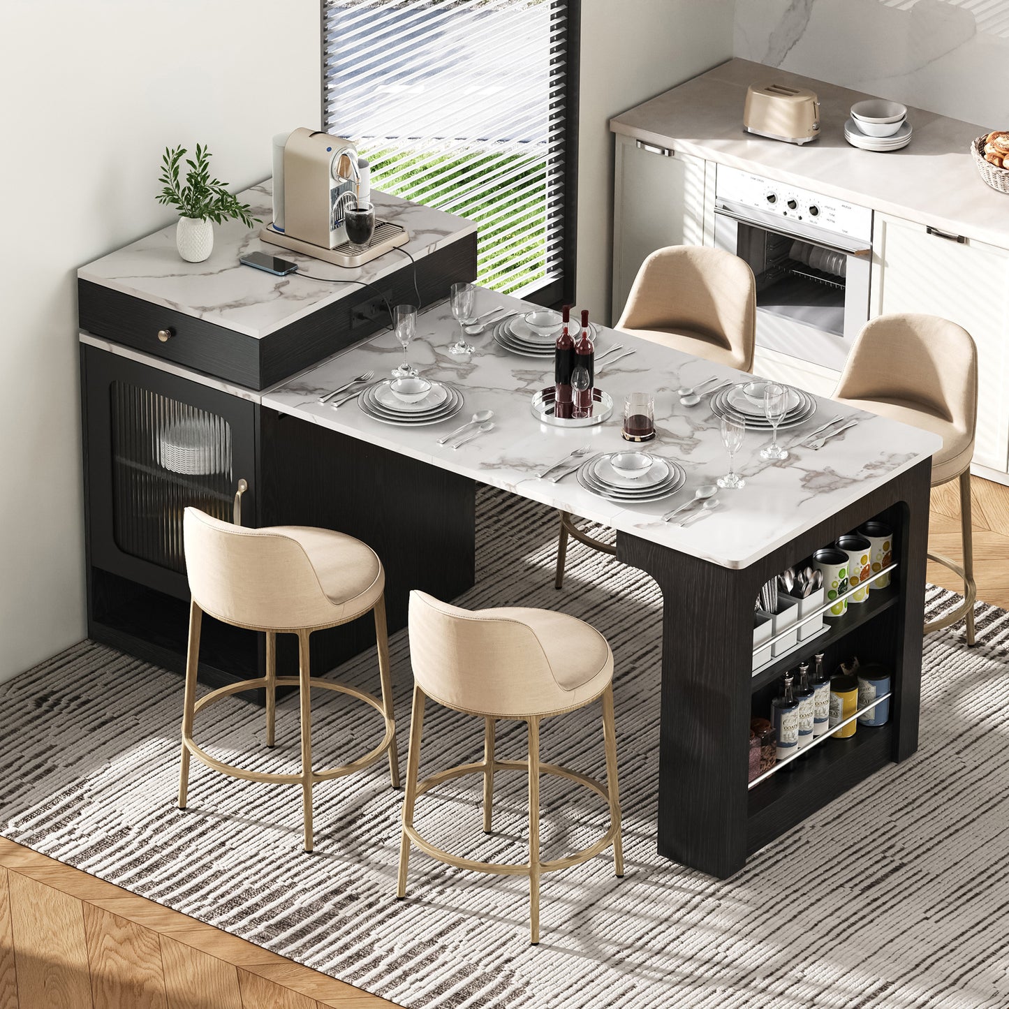 K&K 59.5' Kitchen Island with Extendable Dining Table, Kitchen Storage Table with Double-sided Storage, Kitchen Island with 2 Drawers, Power Outlet, Side Open Shelves, for Kitchen, Dining Room, Black