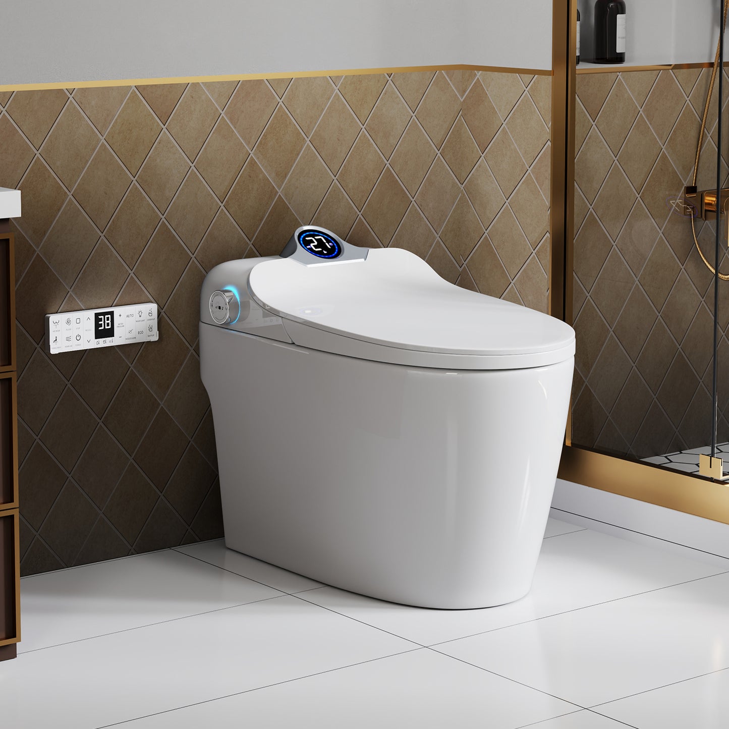 Smart Toilet Bidet Combo with Foot Sensor Open Cover/Seat, Self-Cleaning Nozzle, LED Display, Three Level Heated Seat/Airflow, Night Light, Knob Control, Soft Close, Auto Flush, with Remote Control